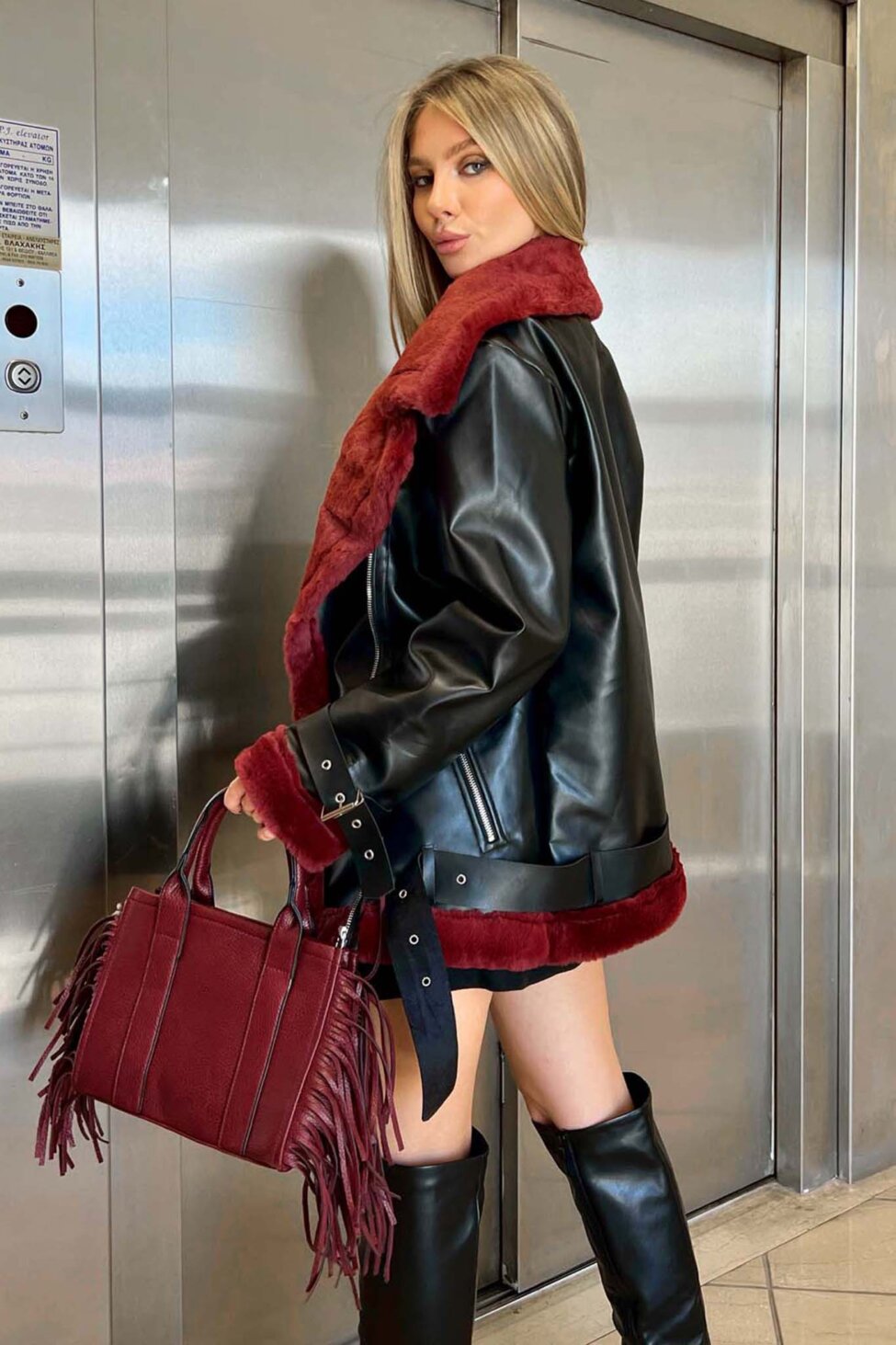 Music jacket από οικολογικό δέρμα και teddy γούνα μπορντό