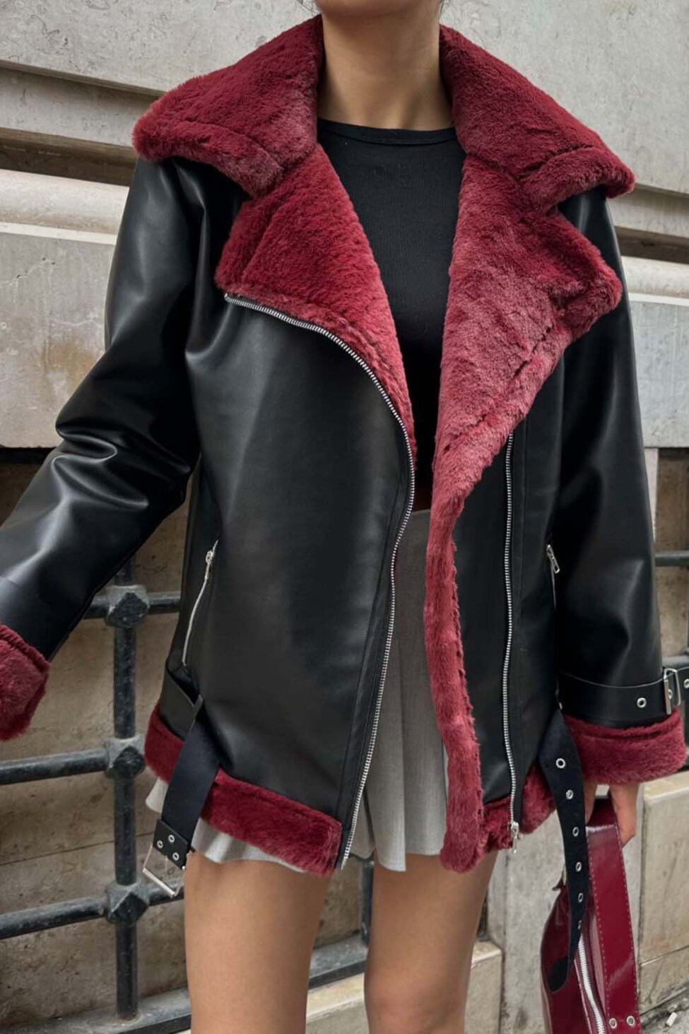 Music jacket από οικολογικό δέρμα και teddy γούνα μπορντό