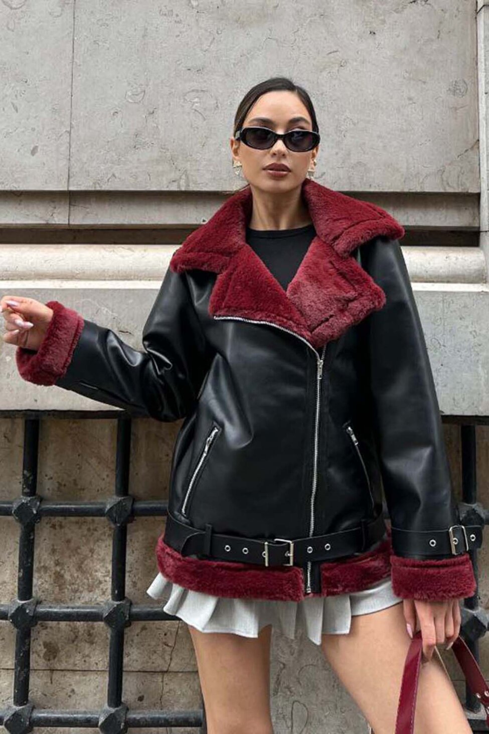 Music jacket από οικολογικό δέρμα και teddy γούνα μπορντό
