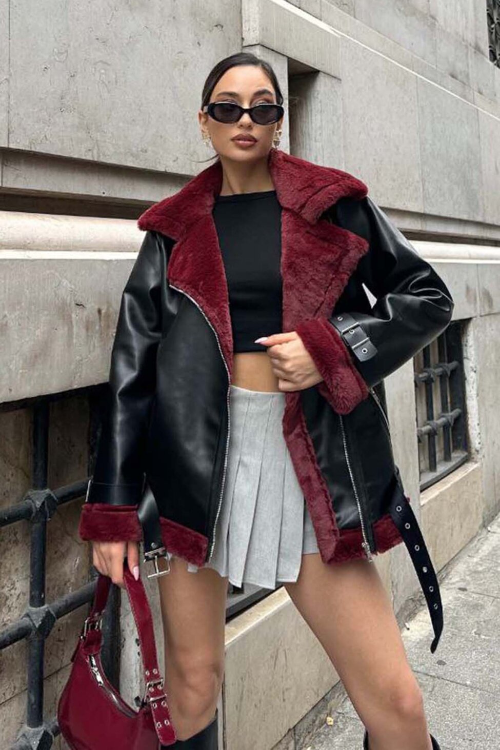 Music jacket από οικολογικό δέρμα και teddy γούνα μπορντό