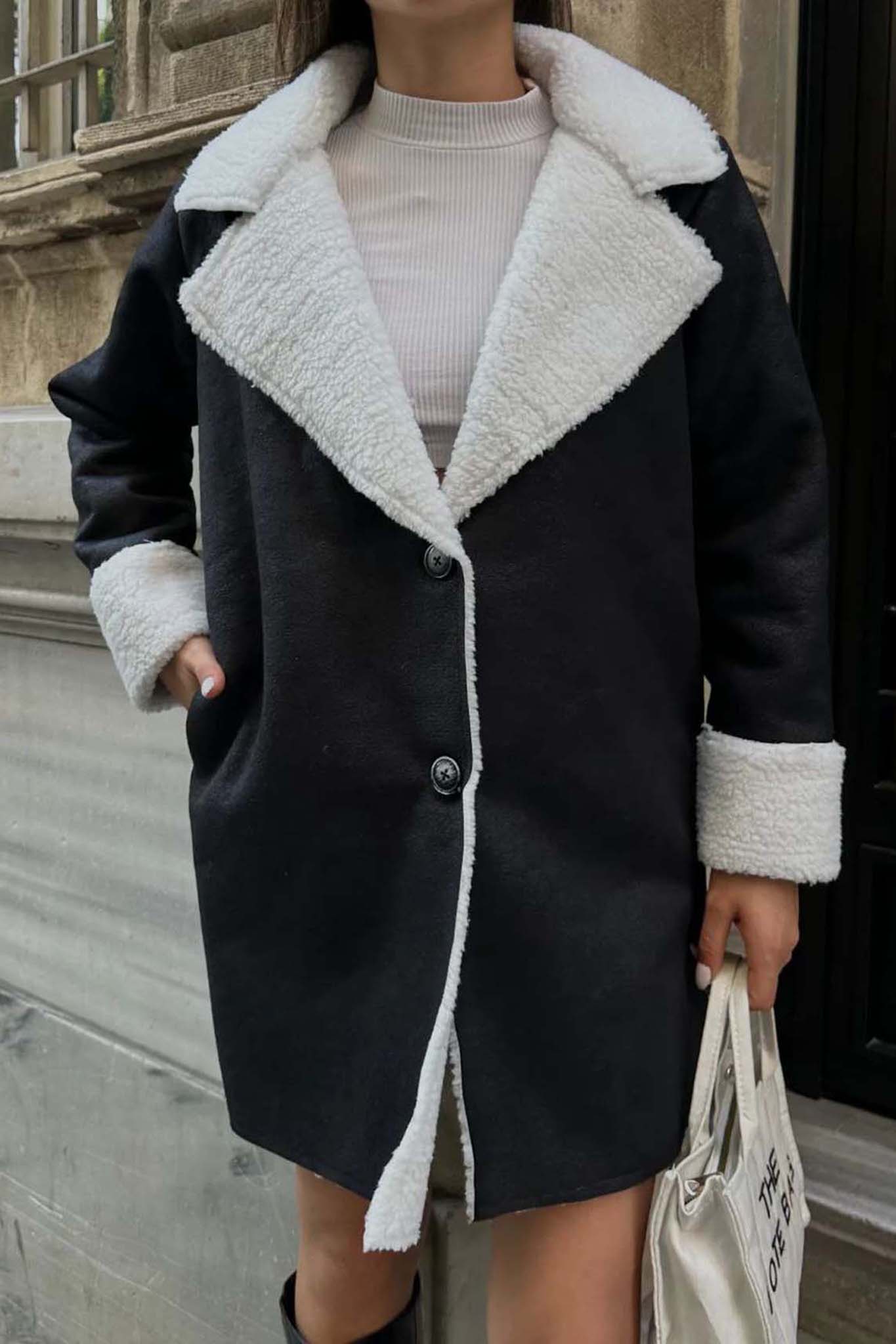 Network πανωφόρι από οικολογικό δέρμα με teddy γούνα μαύρο - Image 5