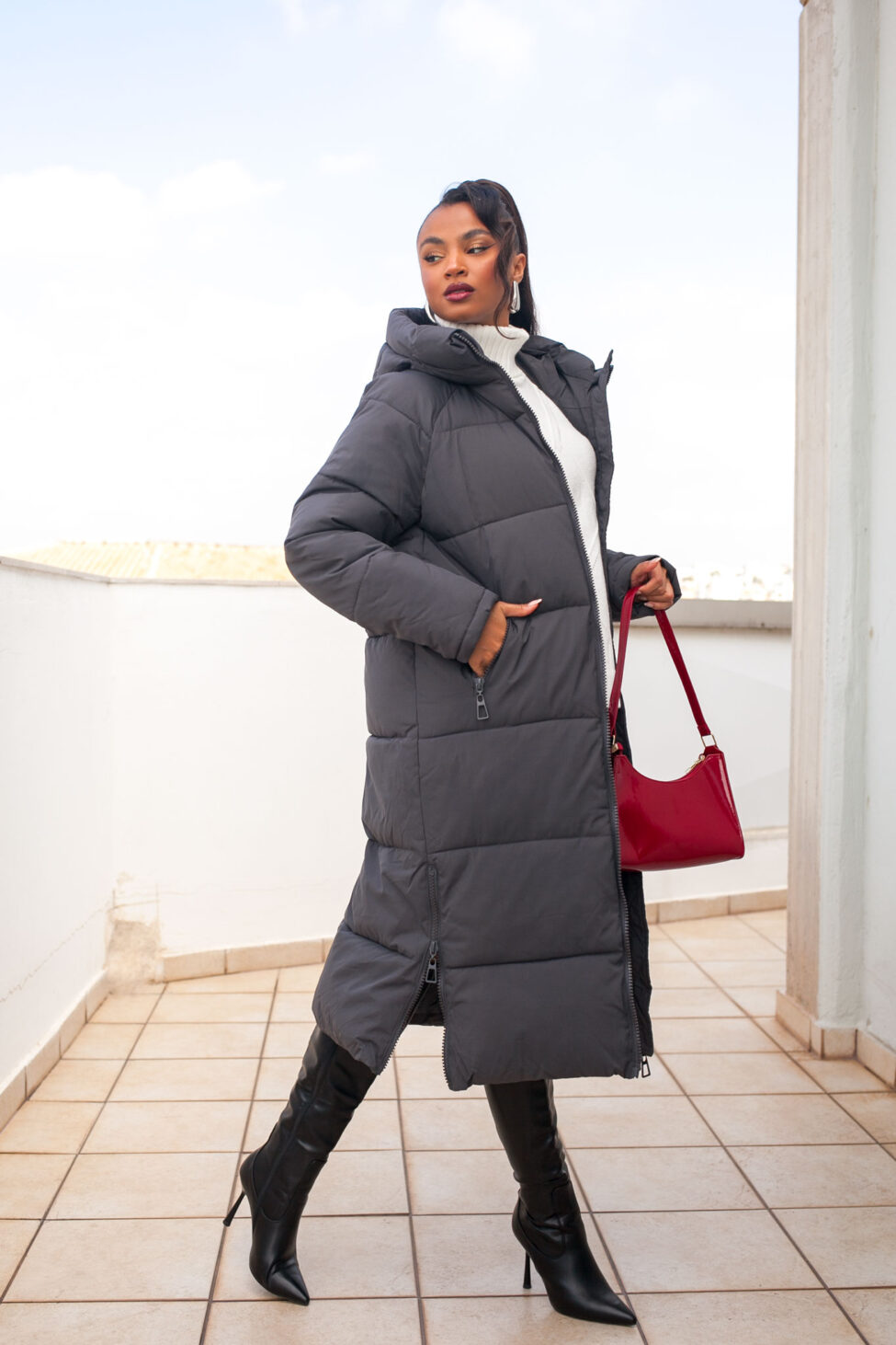 Explain μακρύ καπιτονέ μπουφάν με κουκούλα γκρι σκούρο - Image 2