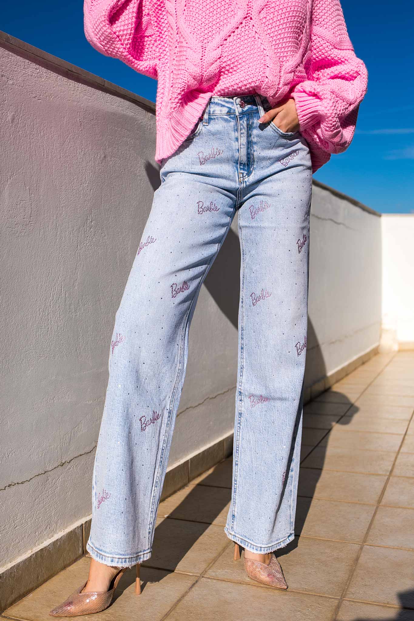Baby Girl τζιν παντελόνι με λογότυπο με strass Barbie μπλε