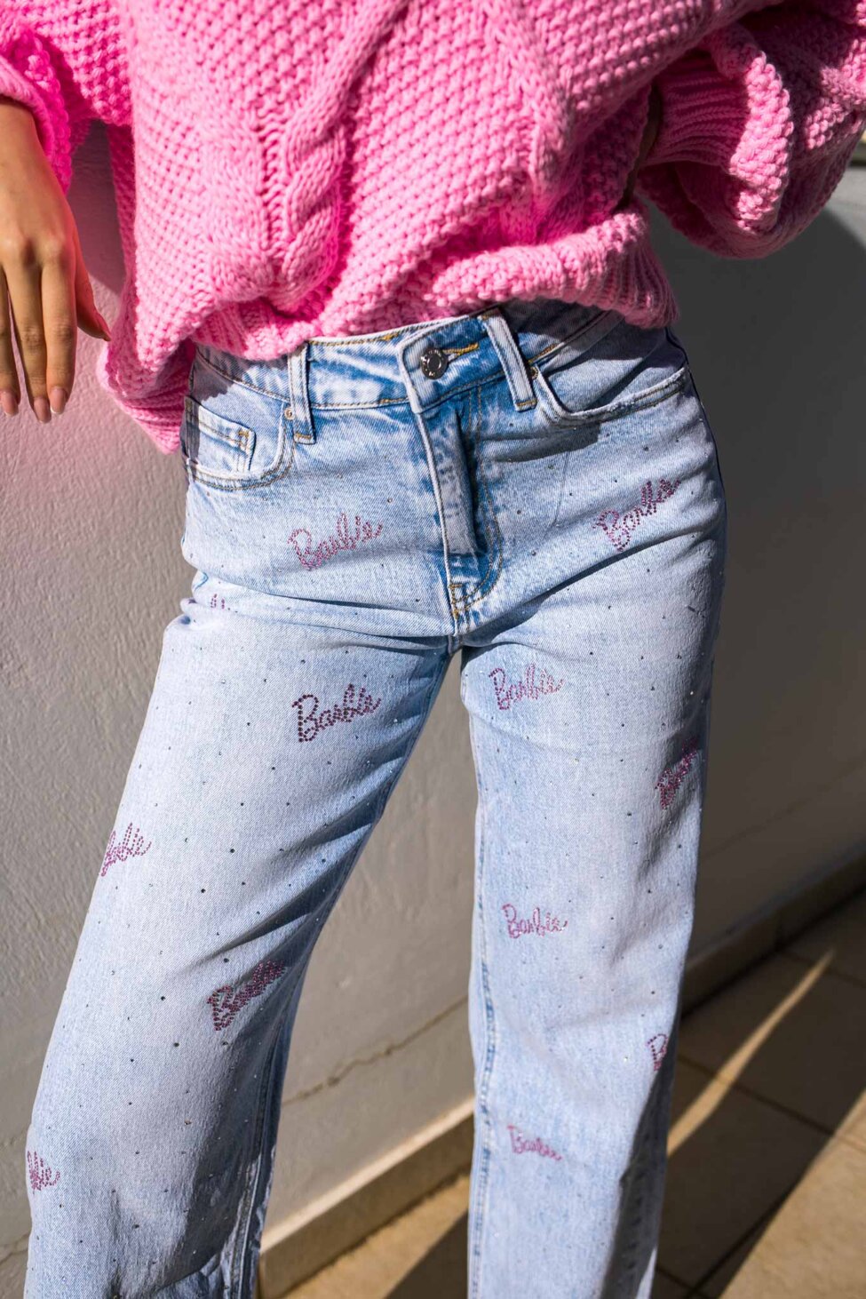 Baby Girl τζιν παντελόνι με λογότυπο με strass Barbie μπλε