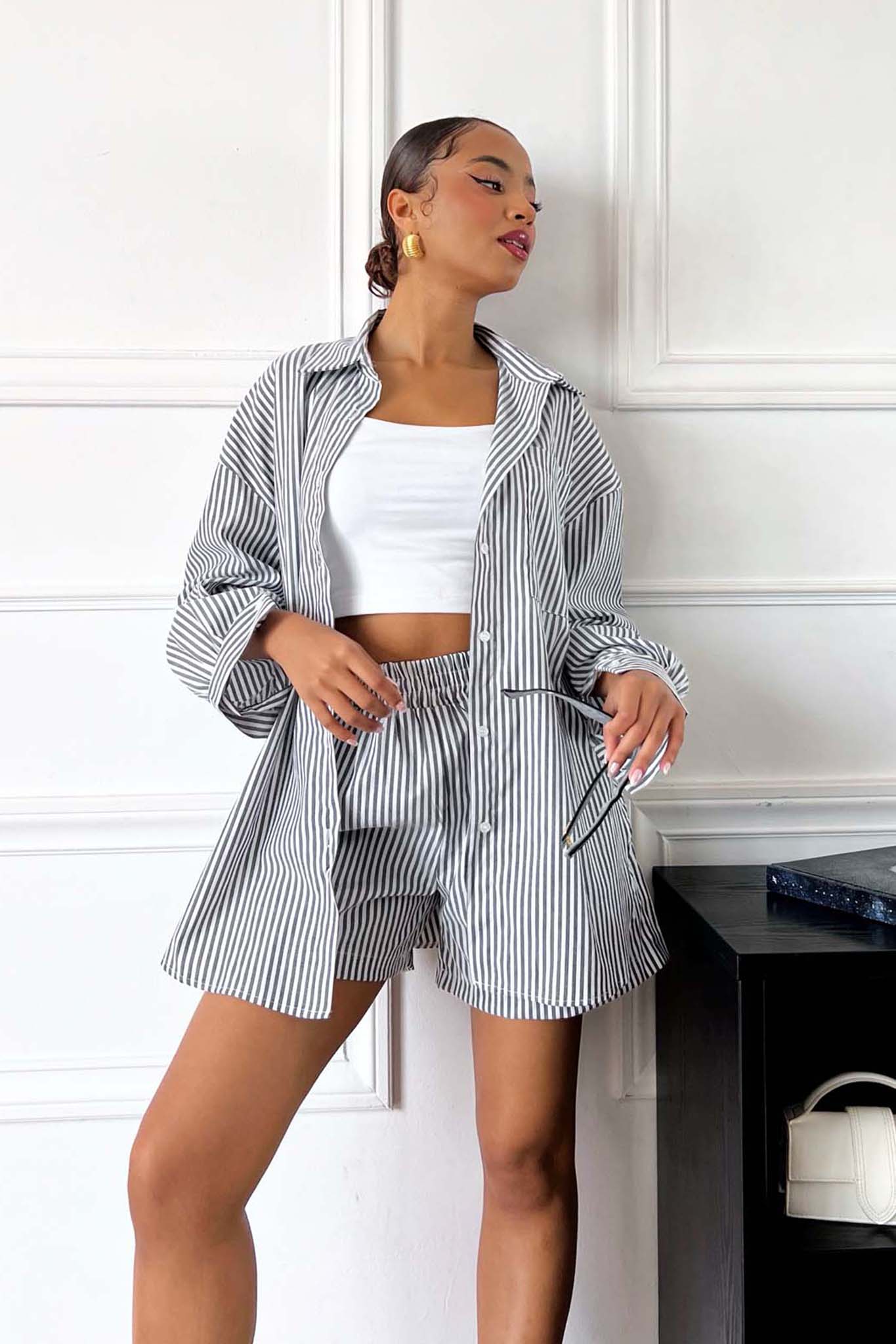 Baxter σετ πουκάμισο-σορτς ριγέ με όψη λινού μαύρο - Image 4