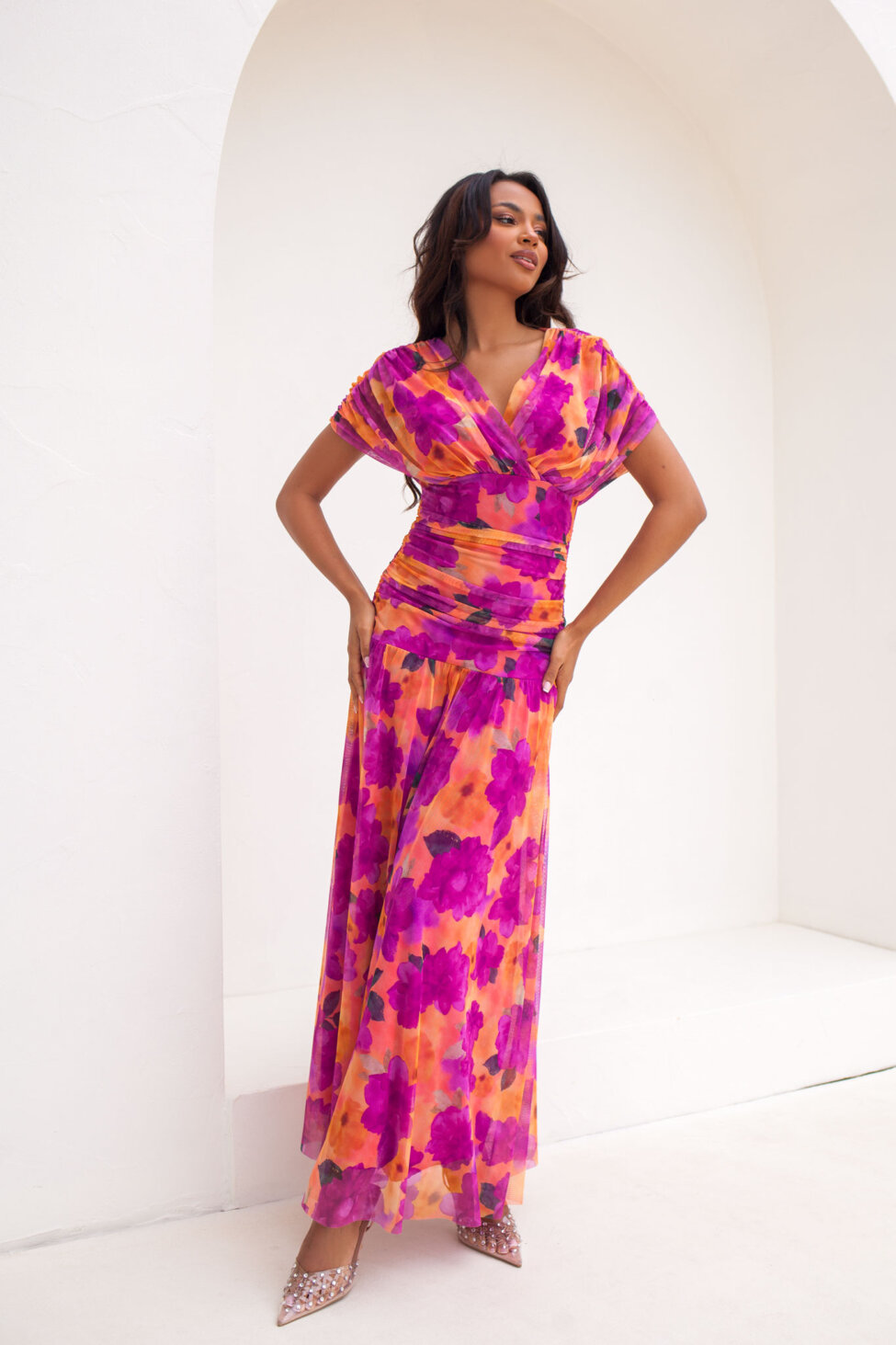 Christina μίντι floral φόρεμα φούξια