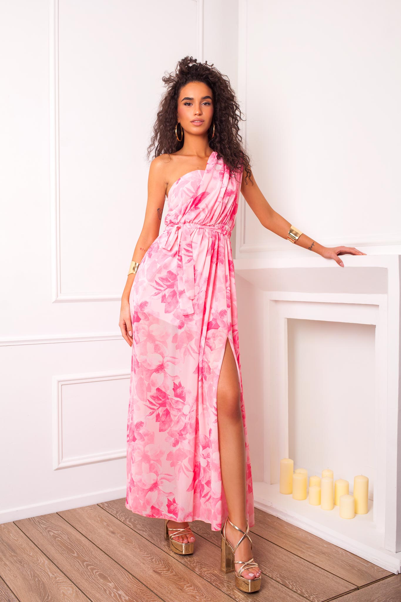 Cirdan μακρύ φόρεμα φλοράλ με έναν ώμο ροζ - Image 1