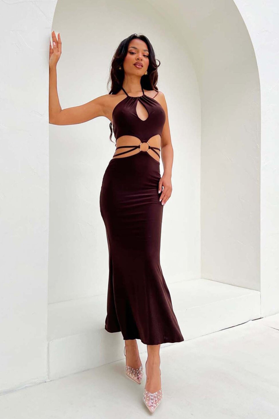 Gabby μάξι φόρεμα cut out καφέ