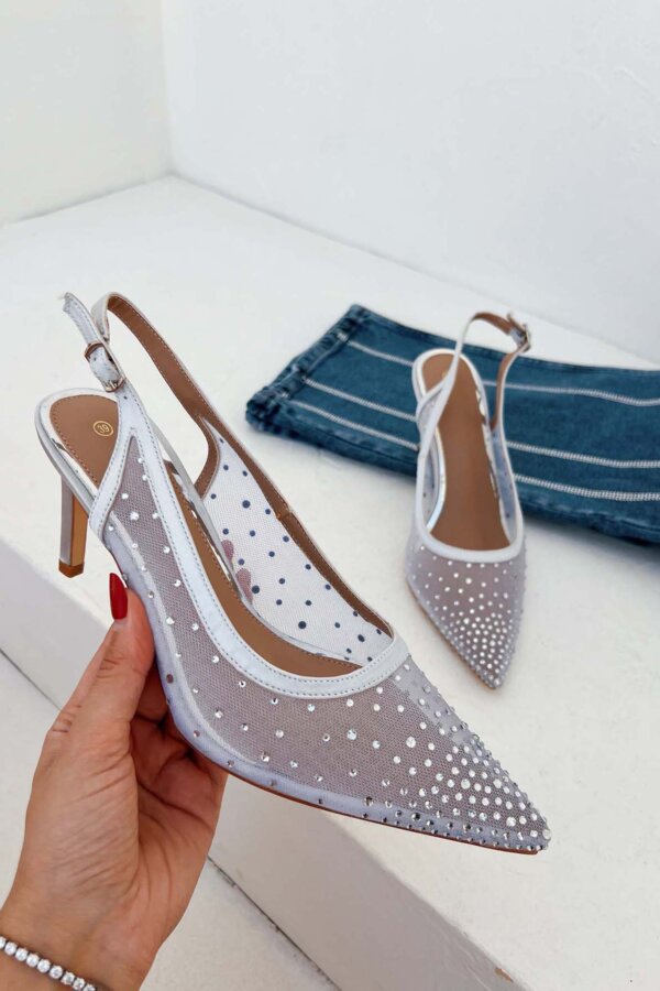 ΝΕΕΣ ΑΦΙΞΕΙΣ Frill slingback γόβα με διαφάνεια και strass ασημί