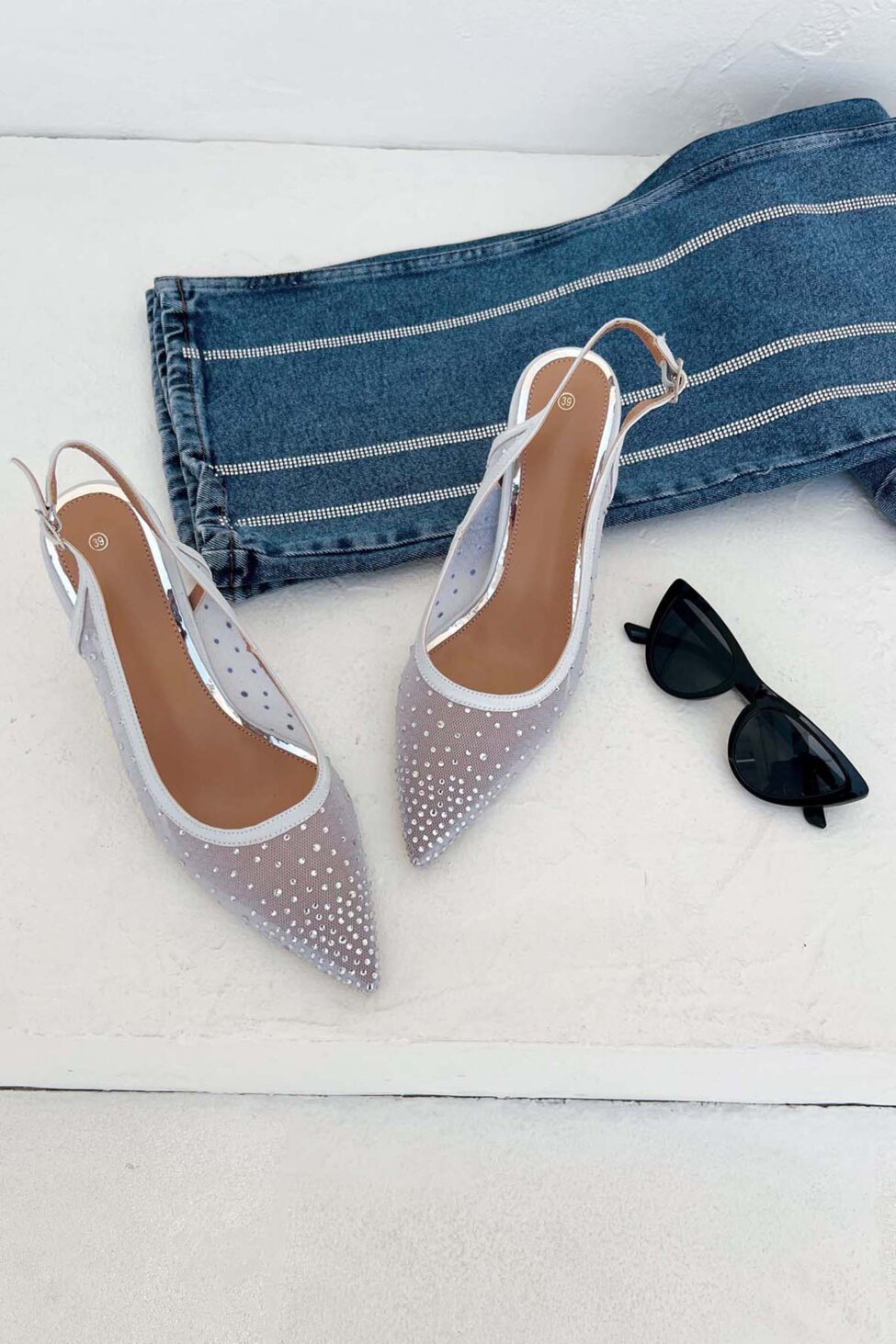 Frill slingback γόβα με διαφάνεια και strass ασημί