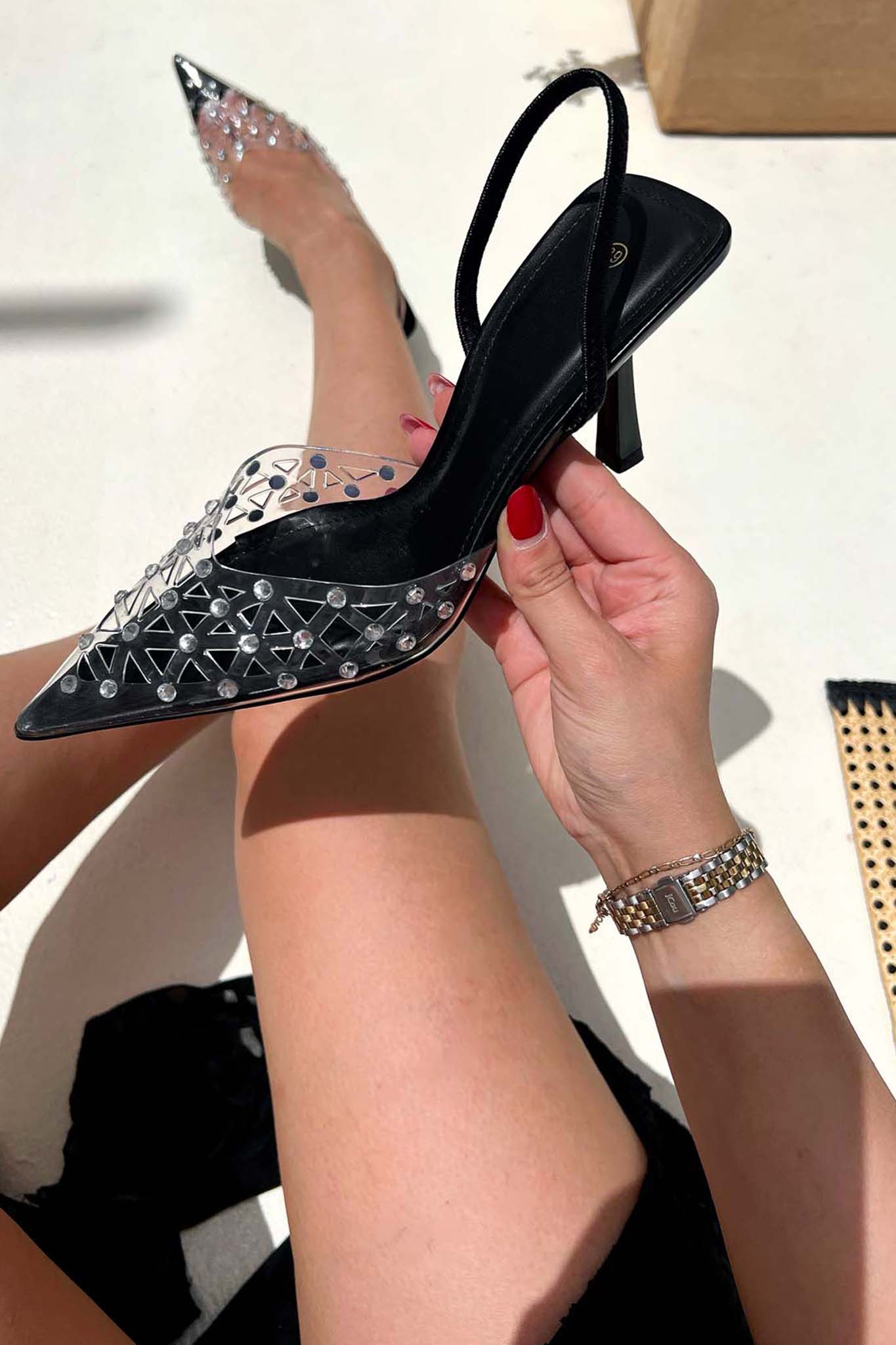 ΓΟΒΕΣ Querida slingback γόβα με καουτσούκ και strass μαύρο
