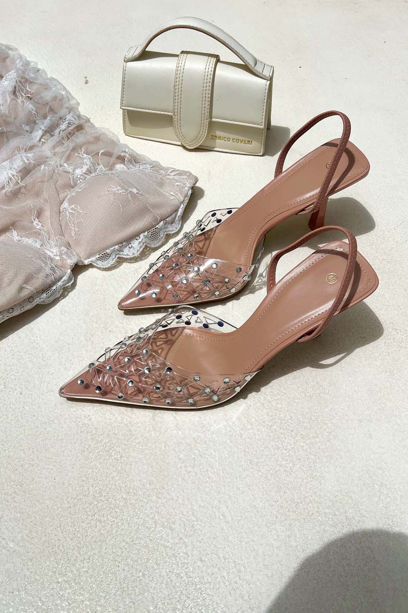 ΓΟΒΕΣ Querida slingback γόβα με καουτσούκ και strass μπεζ