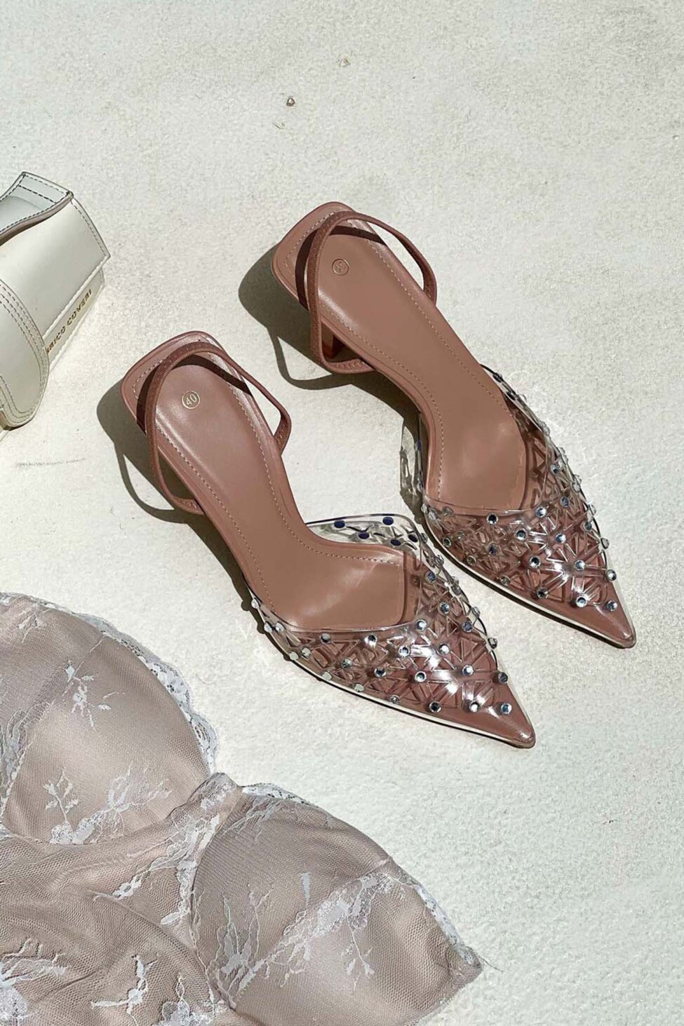 Querida slingback γόβα με καουτσούκ και strass μπεζ