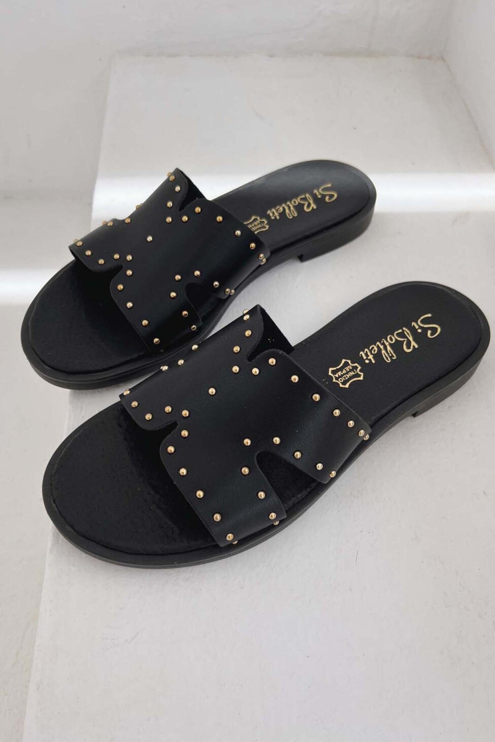 Raki flat σανδάλι με strass δερμάτινο μαύρο