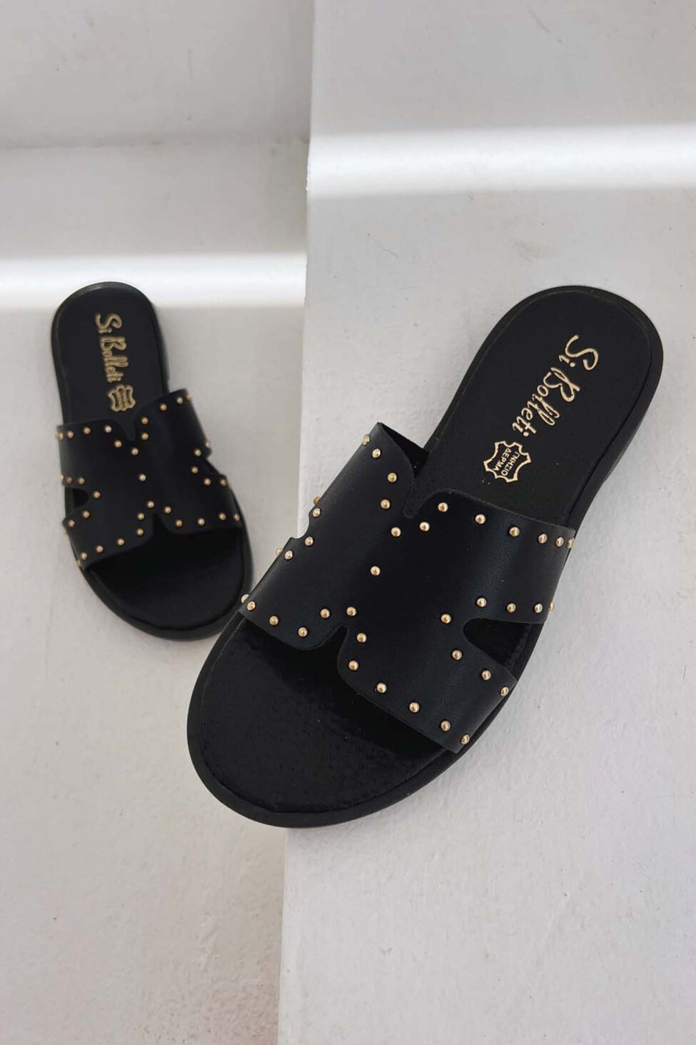 Raki flat σανδάλι με strass δερμάτινο μαύρο