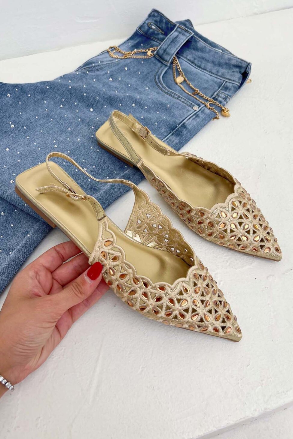 Rarity slingback γόβα με πέτρες χρυσό