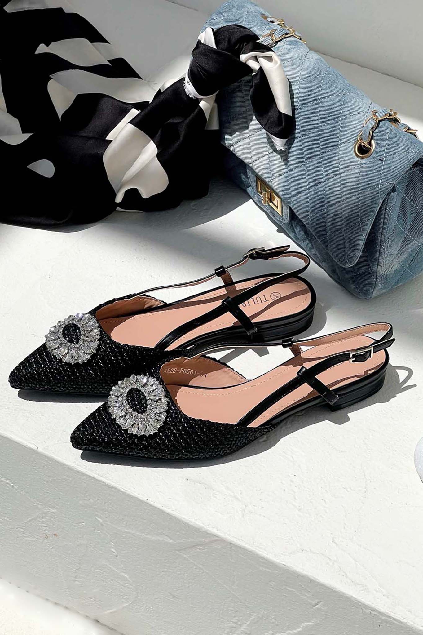 ΝΕΕΣ ΑΦΙΞΕΙΣ Rishi slingback γόβα με ψάθα και πέτρες μαύρο