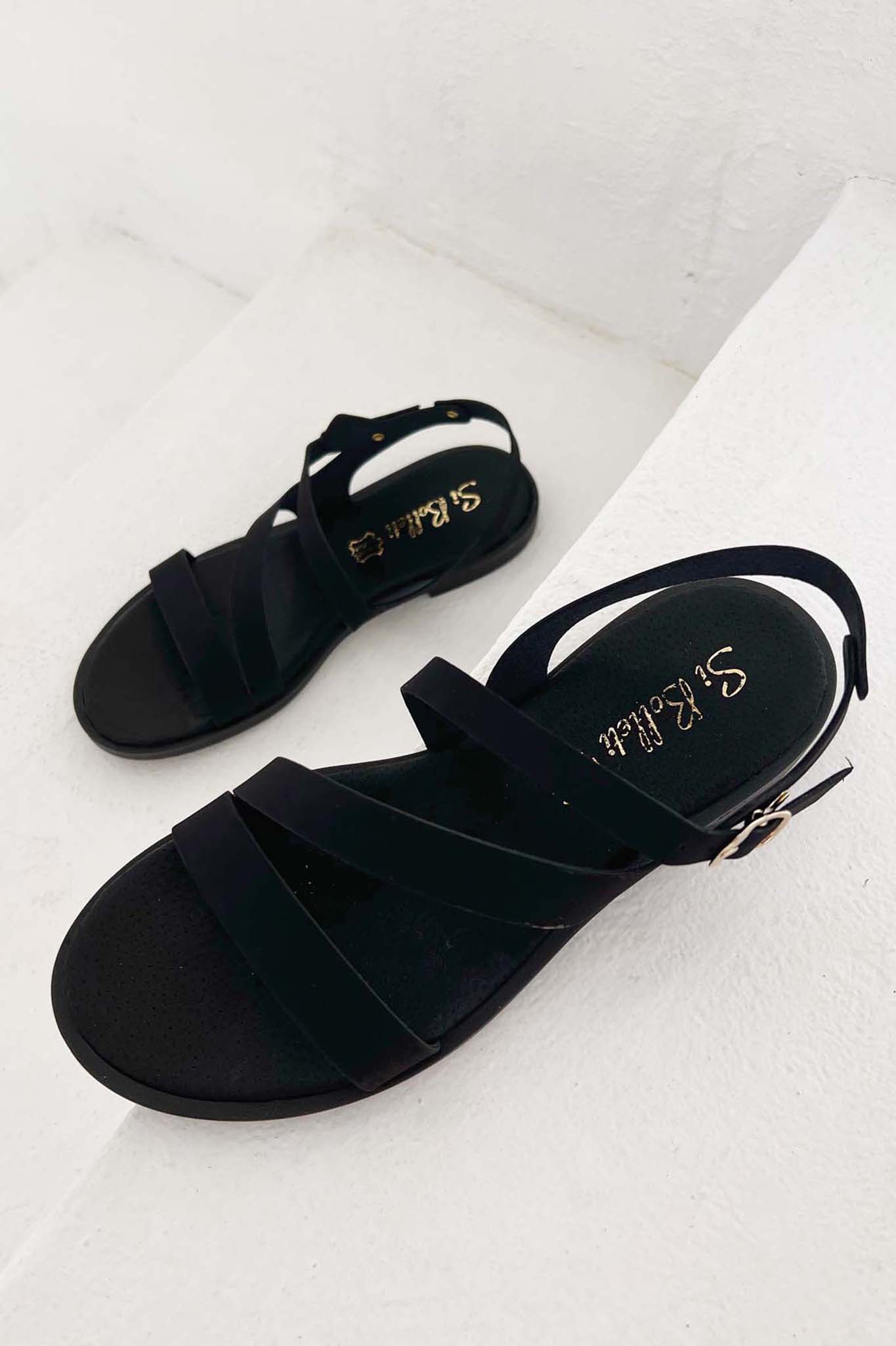 Vegan flat σανδάλια δερμάτινα μαύρο