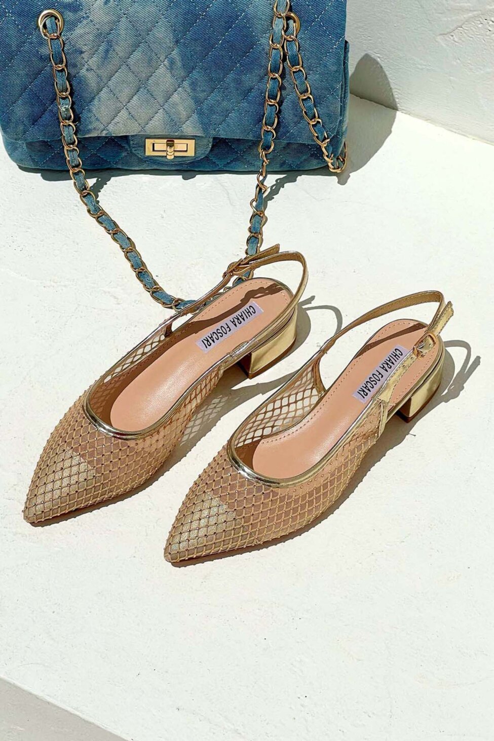 Ganya slingback γόβα με διαφάνεια και strass χρυσό