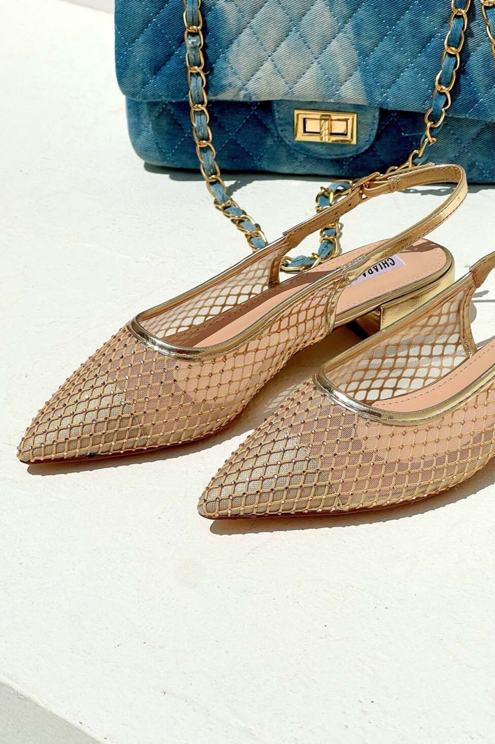 Ganya slingback γόβα με διαφάνεια και strass χρυσό