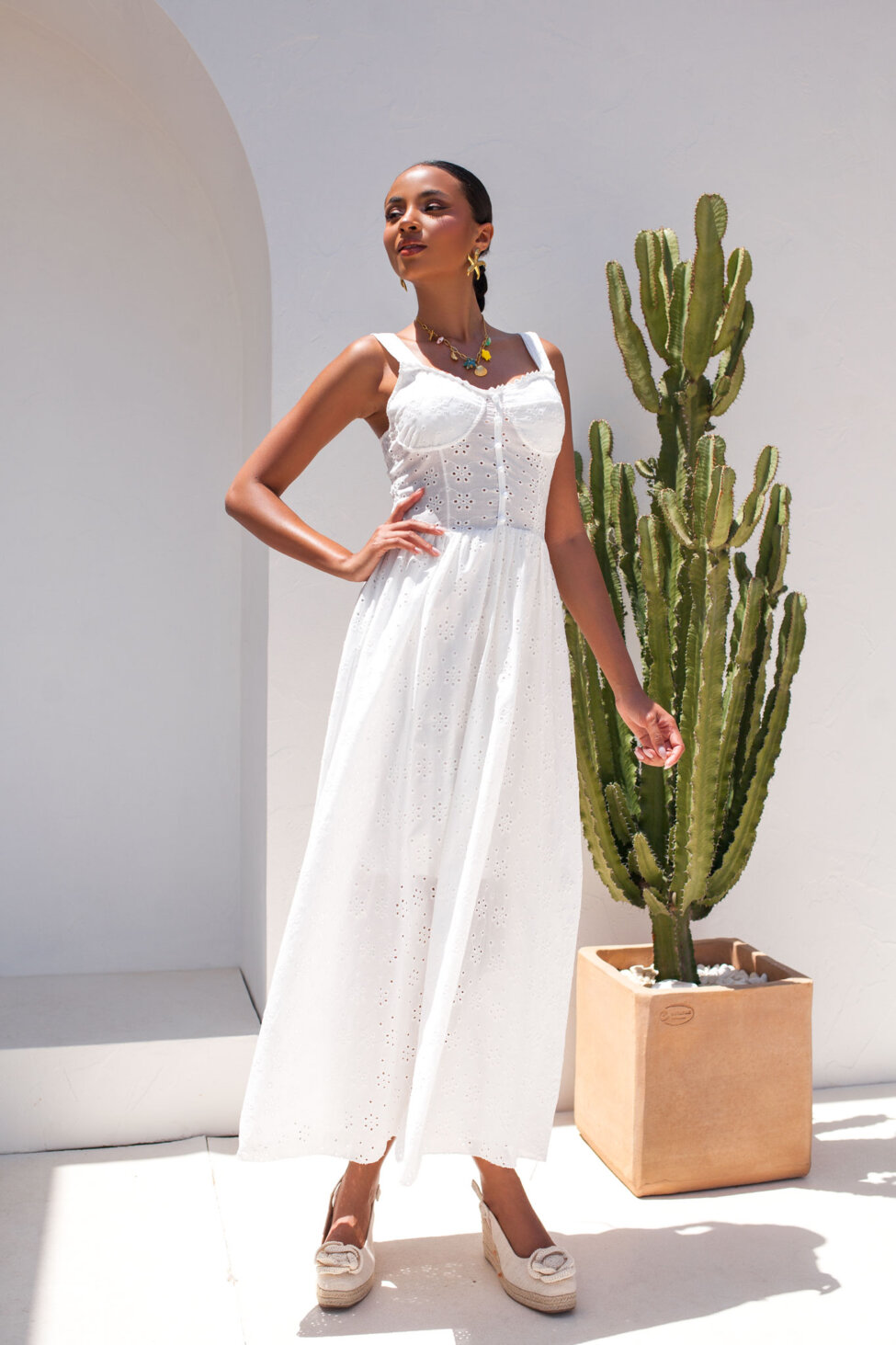 Lenia μίντι broderie φόρεμα λευκό