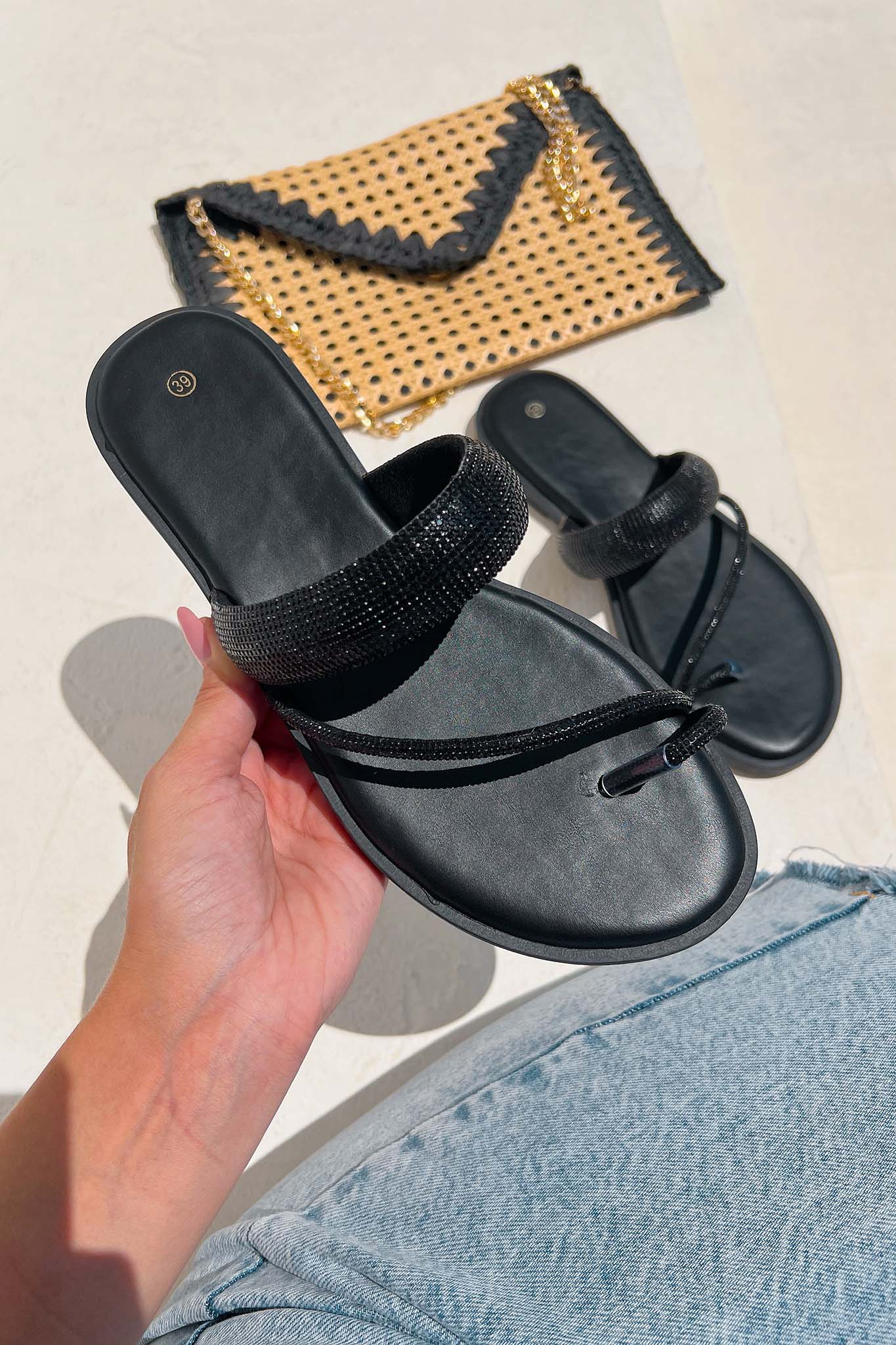 Luna flat σανδάλια με strass μαύρο