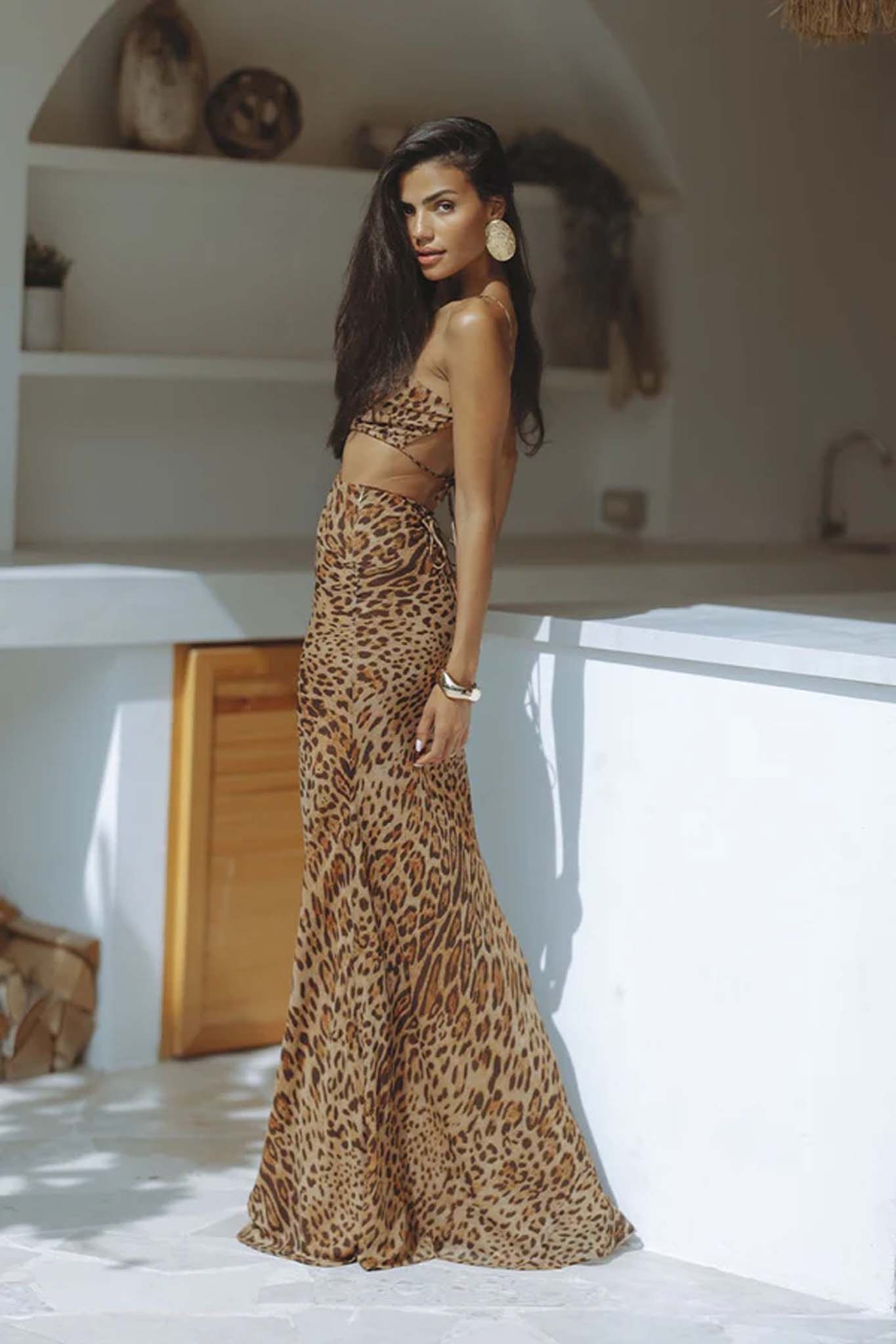 Vimy μακρύ φόρεμα με leopar print λεοπάρ