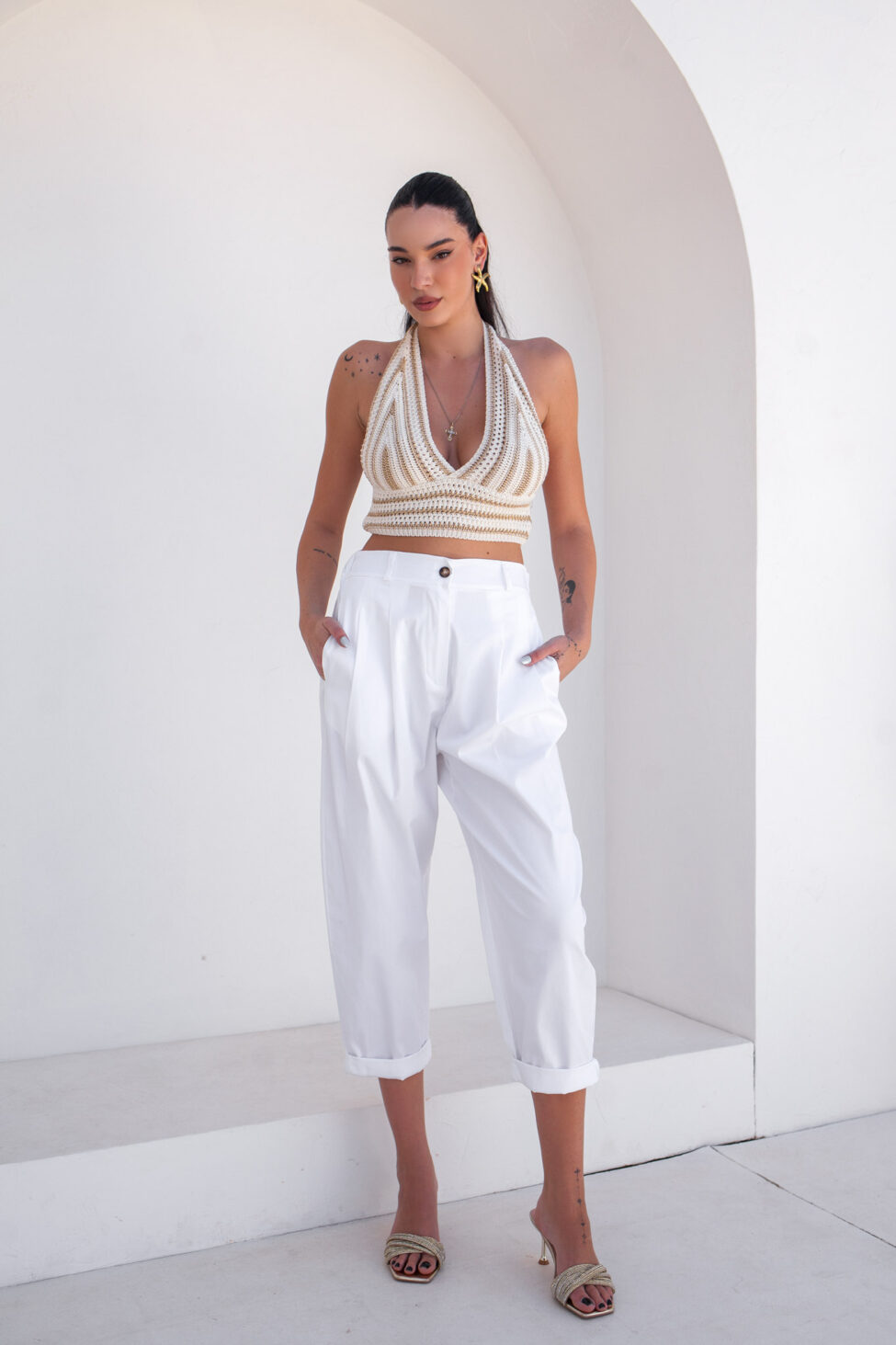 Akira crop top lurex πλεκτό λευκό - Image 3