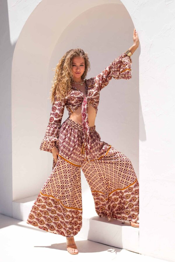 Byrdie σετ boho τοπ με παντελόνι εμπριμέ μπορντό