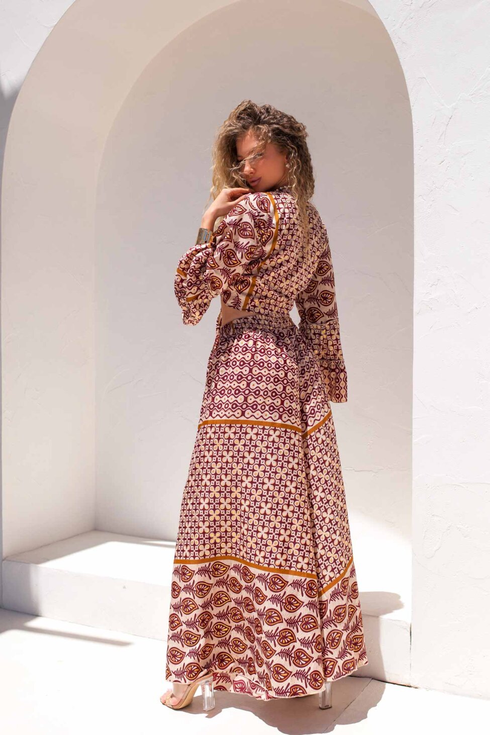 Byrdie σετ boho τοπ με παντελόνι εμπριμέ μπορντό
