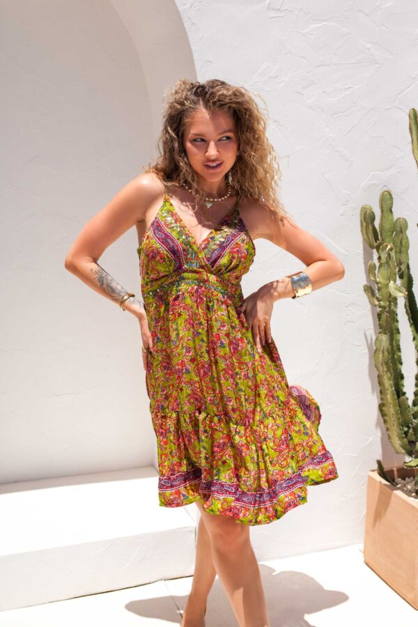 Diana μίνι φορέμα boho εμπριμέ λαχανί