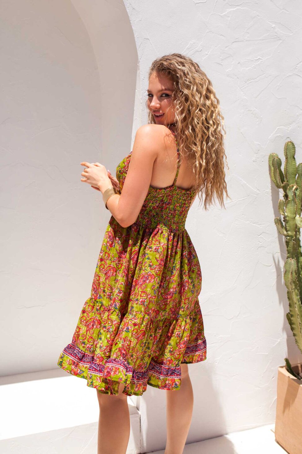 Diana μίνι φορέμα boho εμπριμέ λαχανί