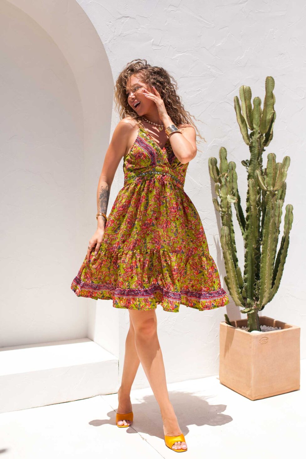 Diana μίνι φορέμα boho εμπριμέ λαχανί