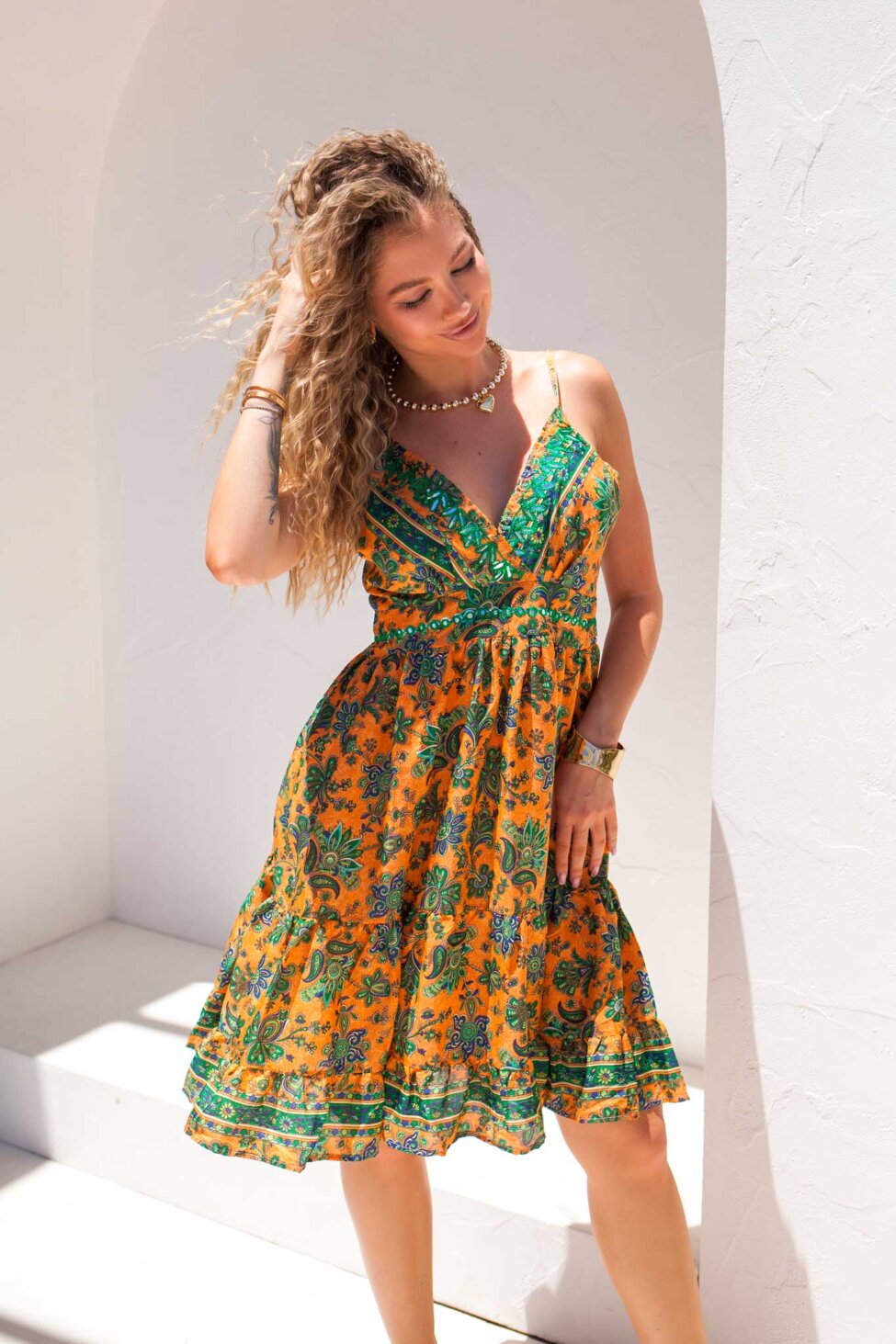 Diana μίνι φορέμα boho εμπριμέ πορτοκαλί