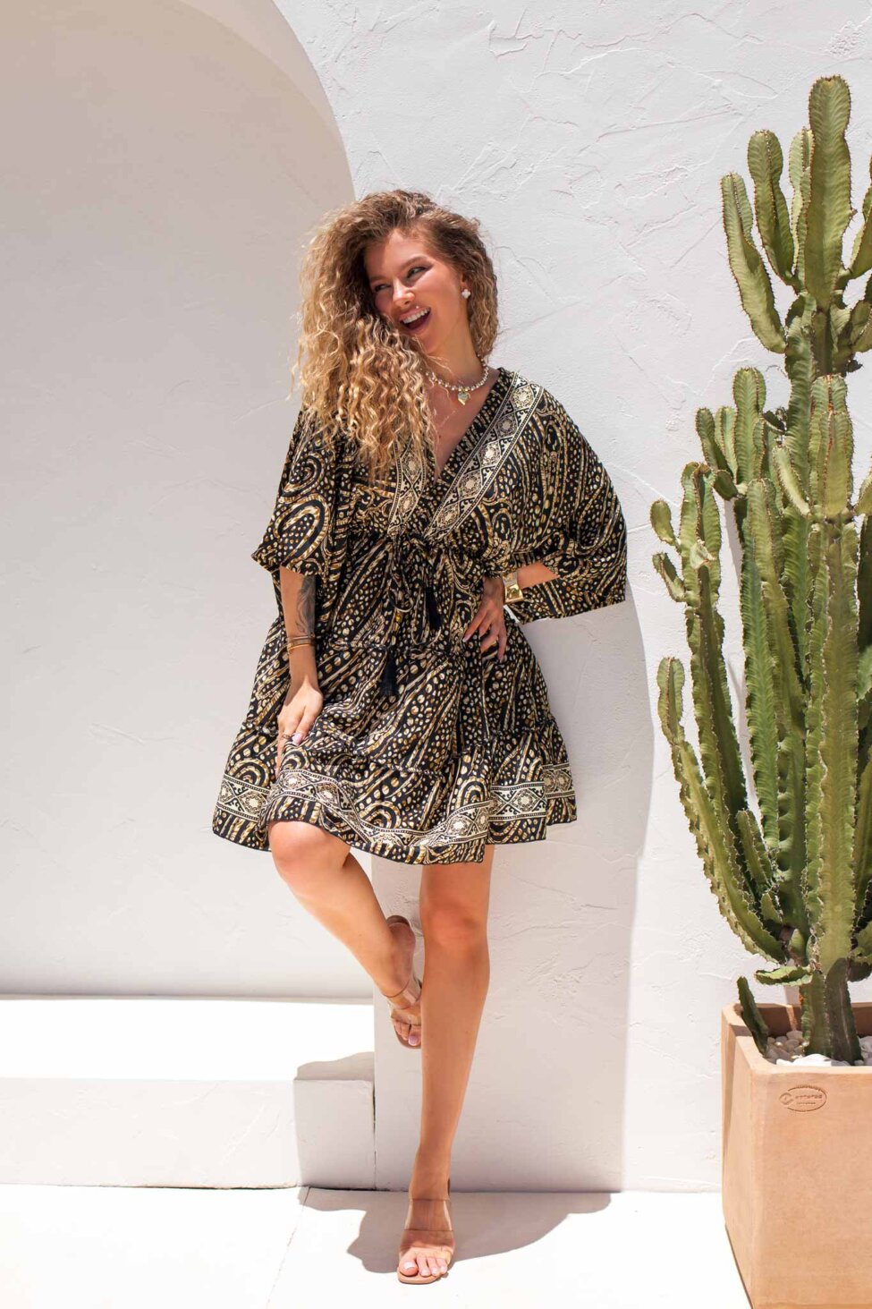 Elsie μίνι φόρεμα boho εμπριμέ μαύρο