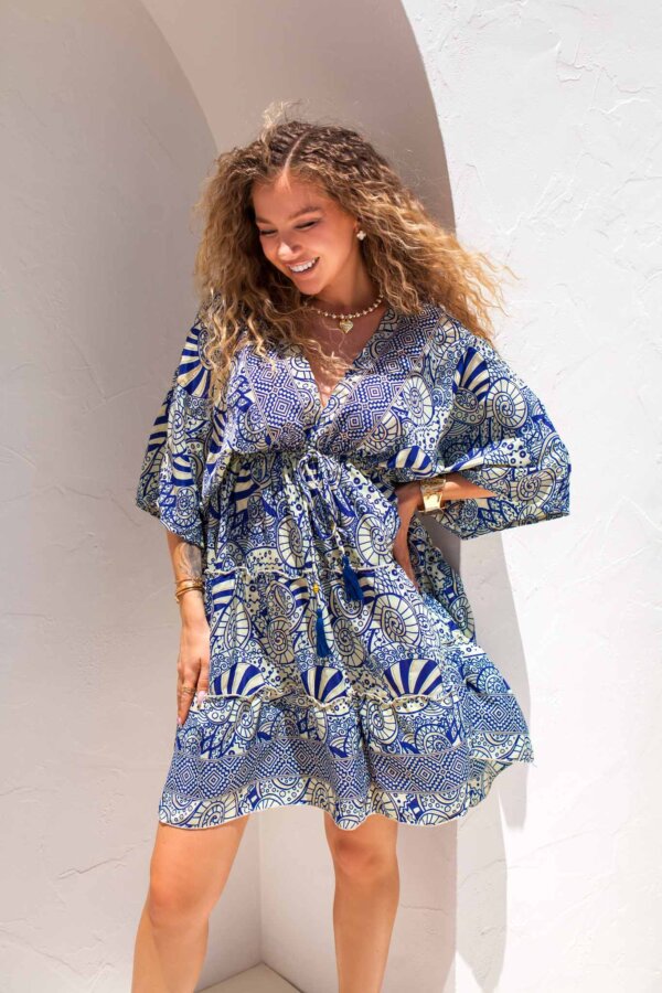 Elsie μίνι φόρεμα boho εμπριμέ μπλε ραφ