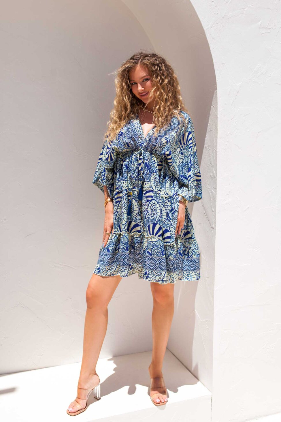 Elsie μίνι φόρεμα boho εμπριμέ μπλε ραφ