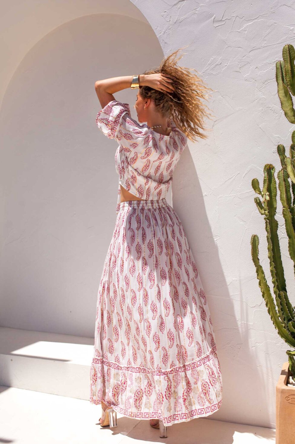 Ethera σετ boho τοπ με φούστα εμπριμέ φούξια