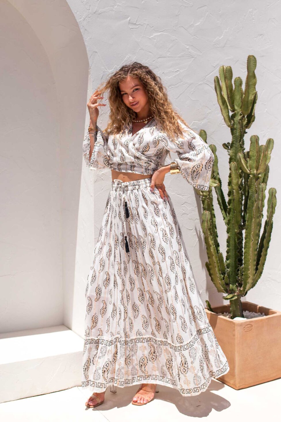 Ethera σετ boho τοπ με φούστα εμπριμέ μαύρο