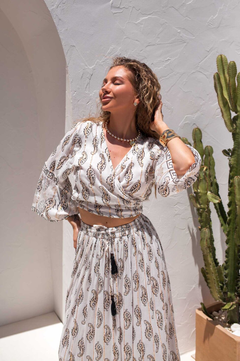 Ethera σετ boho τοπ με φούστα εμπριμέ μαύρο