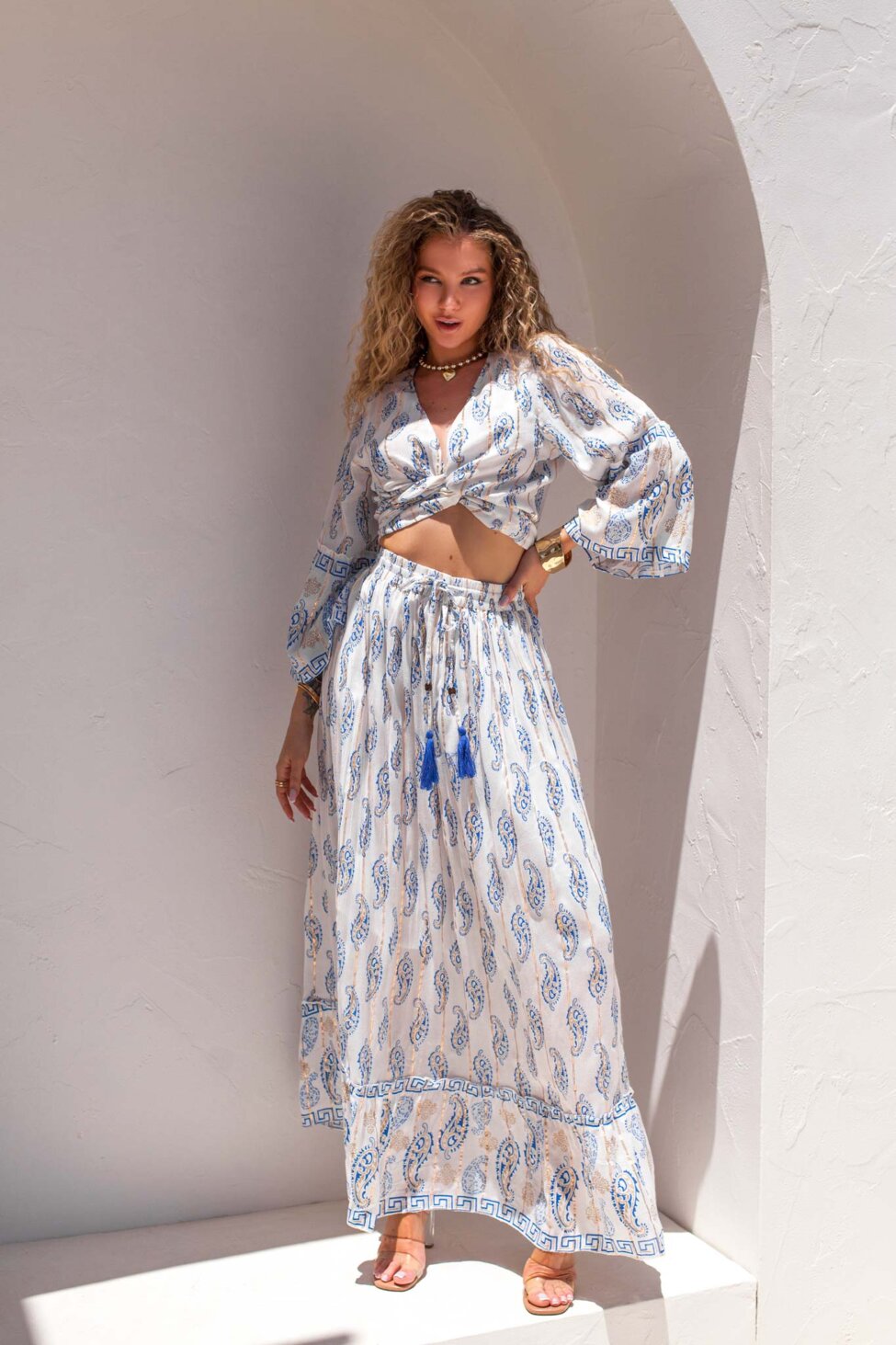 Ethera σετ boho τοπ με φούστα εμπριμέ μπλε