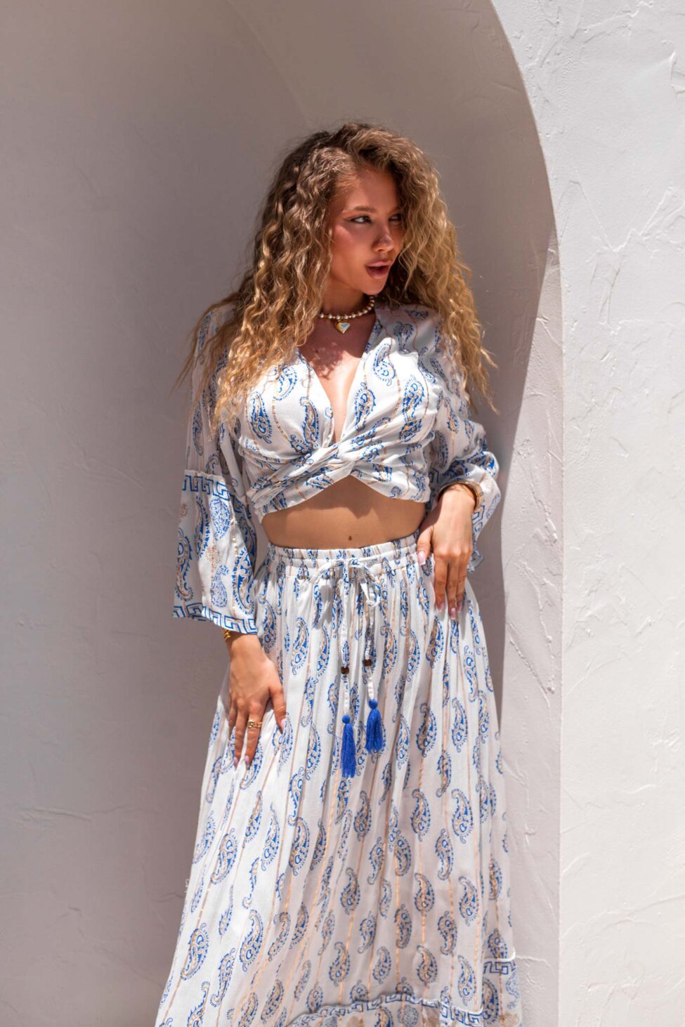 Ethera σετ boho τοπ με φούστα εμπριμέ μπλε