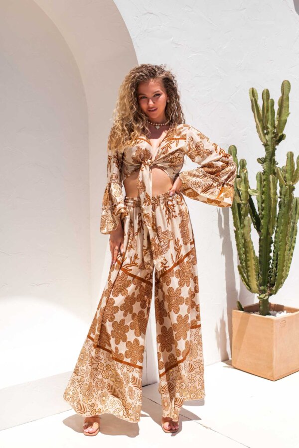 Frankie σετ boho τοπ με παντελόνι καφέ