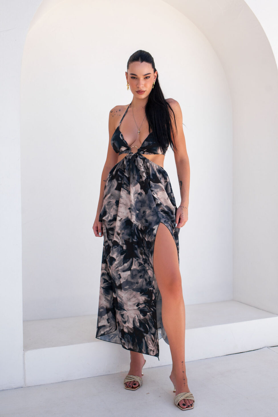 Glimmer μακρύ φόρεμα cut out εμπριμέ μαύρο - Image 1