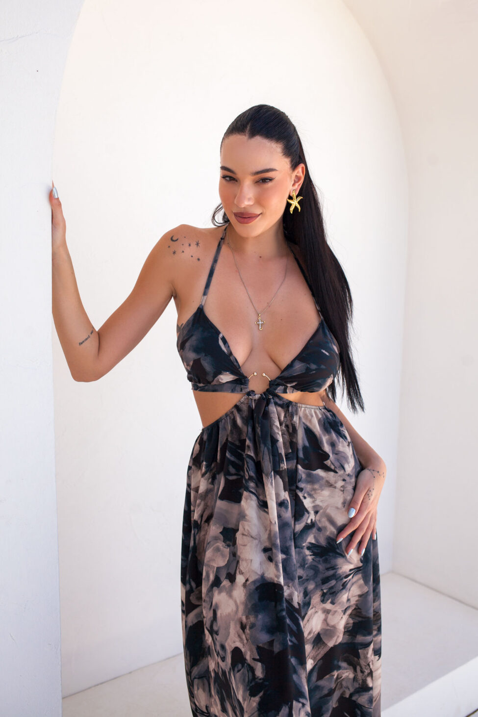 Glimmer μακρύ φόρεμα cut out εμπριμέ μαύρο - Image 3