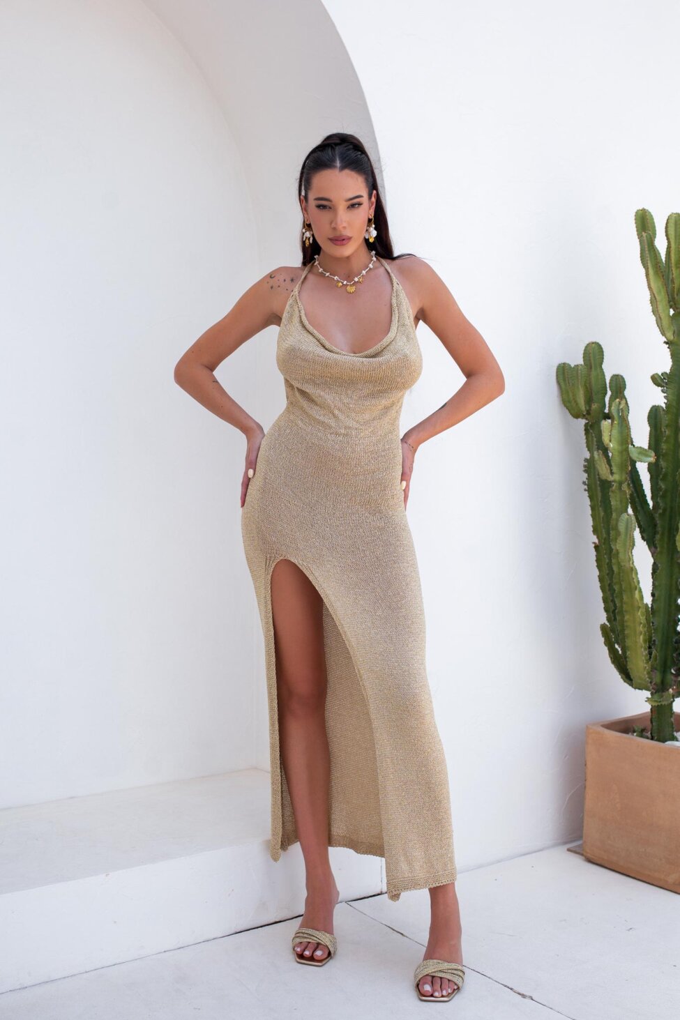 Golden πλεκτό φόρεμα lurex χρυσό