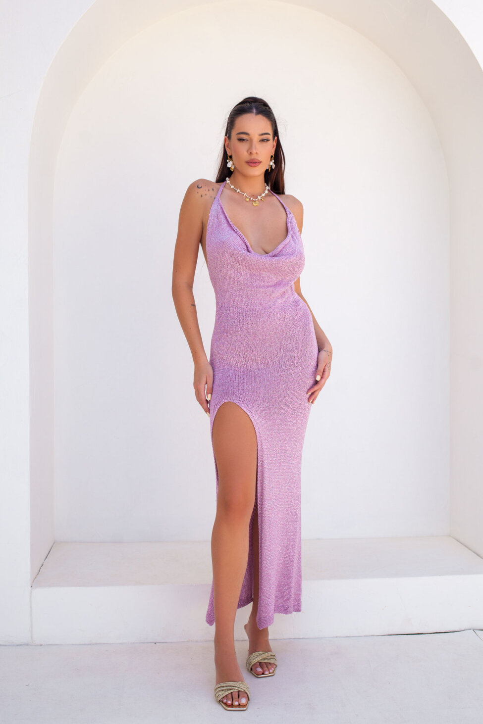 Golden πλεκτό φόρεμα lurex λιλά