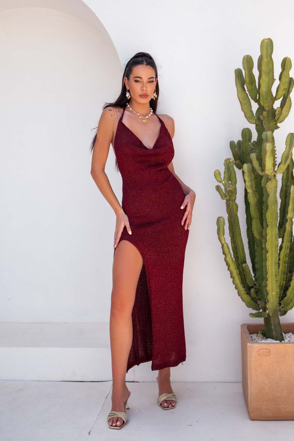 Golden πλεκτό φόρεμα lurex μπορντό