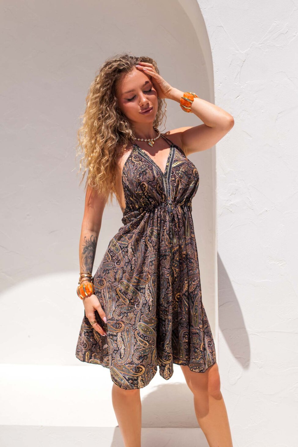Margie μίνι boho φόρεμα εμπριμέ μαύρο