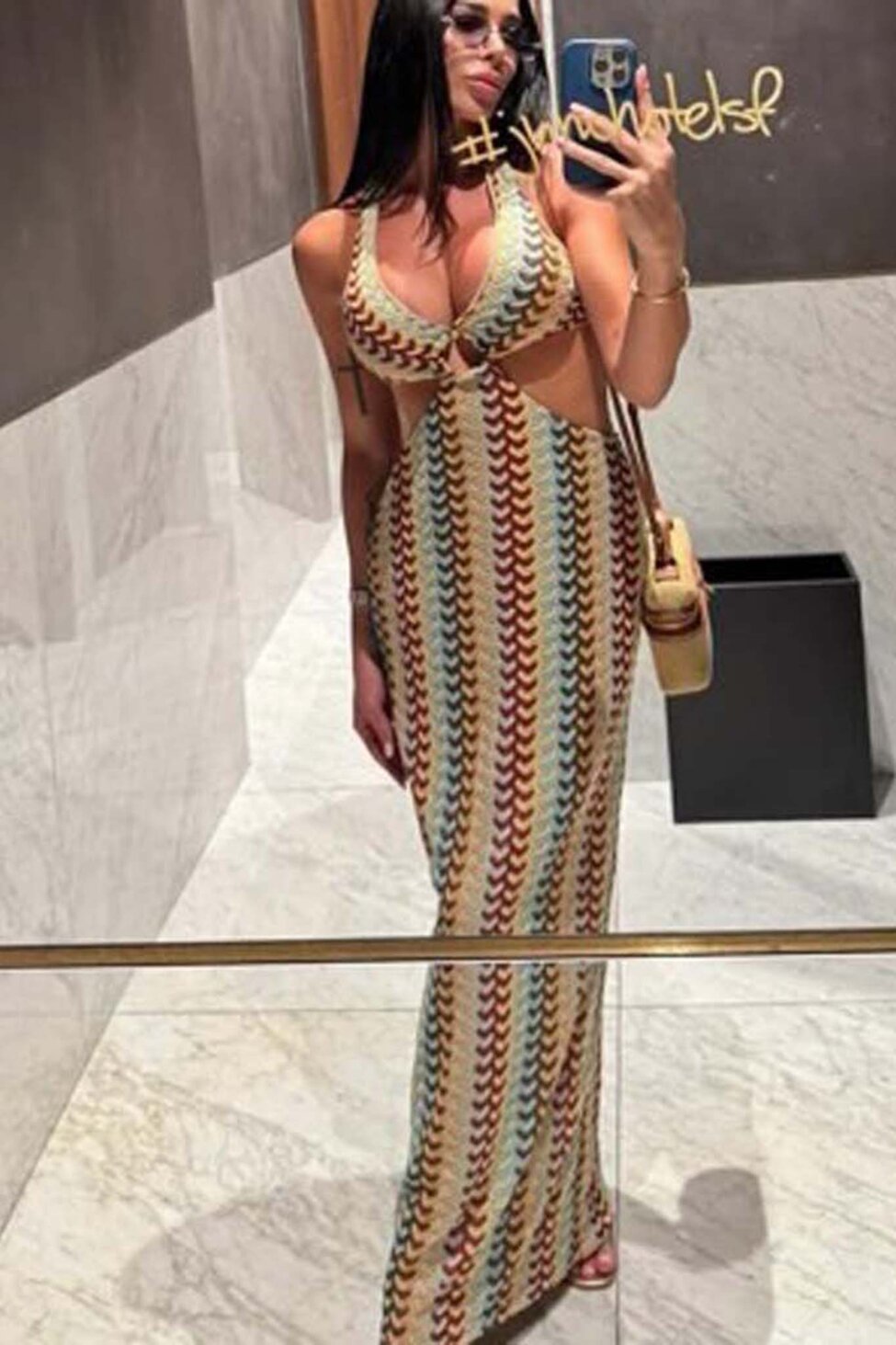 Mugler μακρύ φόρεμα πλεκτό μπεζ